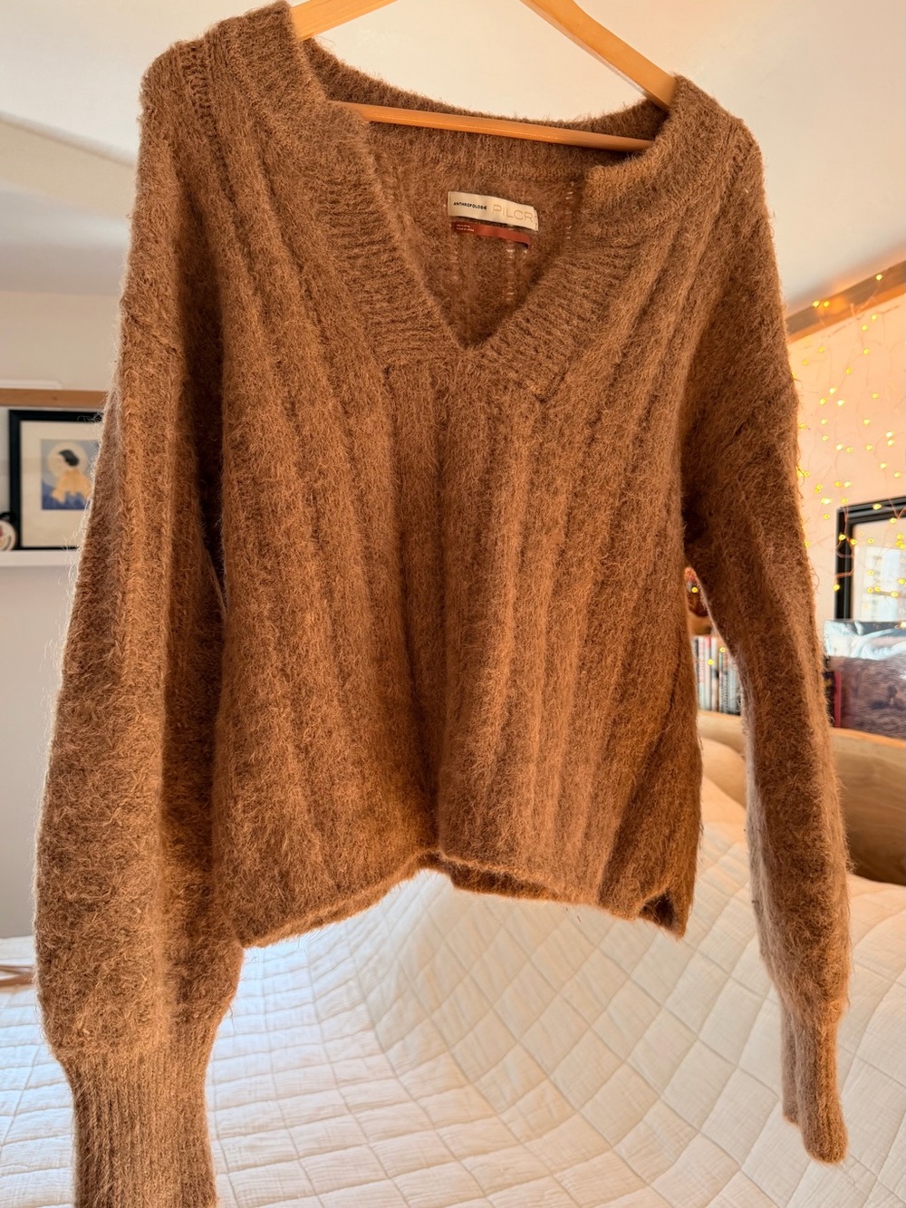Anthropologie Fuzzy V-Neck Sweater in Chestnut Brown